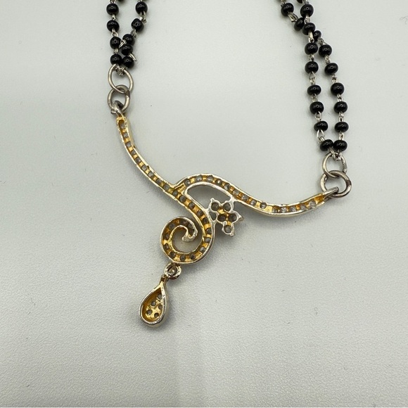 Dainty Necklace with Black Beaded Chain and CZ studded Asymmetrical Pendant - Picture 6 of 13